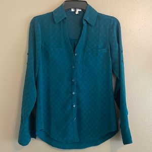 Express The Portofino Shirt Slim Fit Button Down Top Blouse Green Teal Size XS